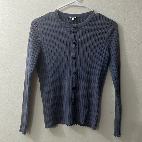 Dusty Blue-Grey Ribbed Cardigan Lettuce-Hem - Picture 6 of 6